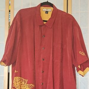 100% Silk Tommy Bahama Red and Yellow Button-Up Shirt